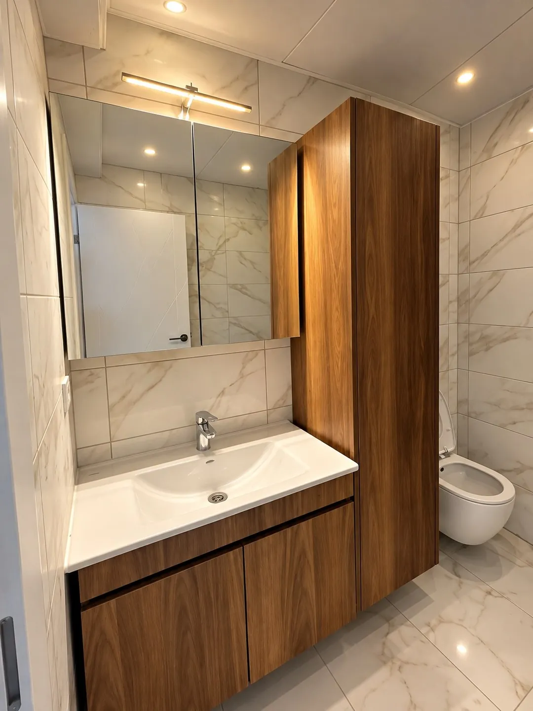 Ceviz lavabo ve boy dolabı, mermer desenli duvar seramiği olan banyo