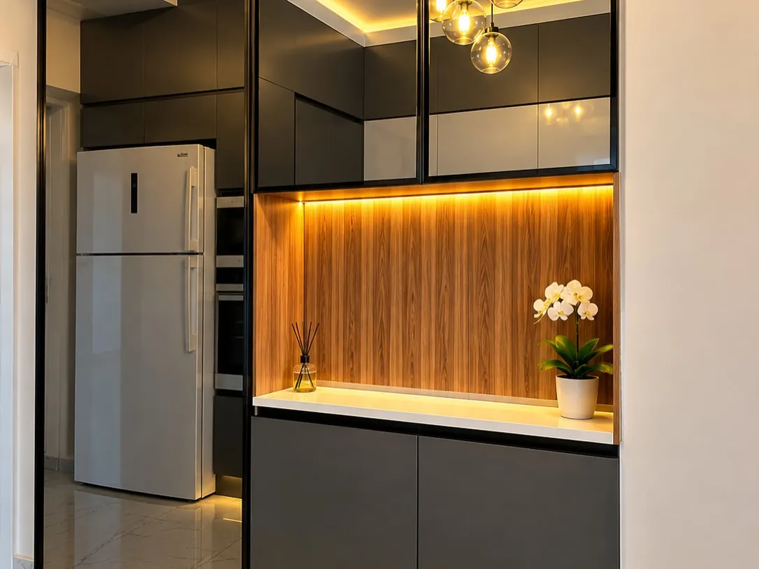 Dolap altı LED ile aydınlanan ahşap panelli niş