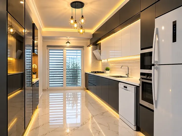 Balkon kapısına uzanan, LED ışıklı dar mutfak
