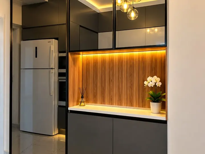 Dolap altı LED ile aydınlanan ahşap panelli niş