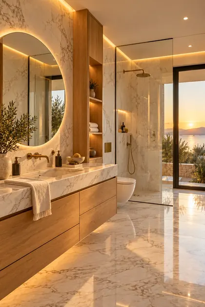 Doğal taş ve ahşap dolaplı banyo