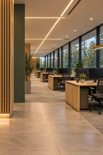 Büyük pencereli, ahşap masalı açık ofis