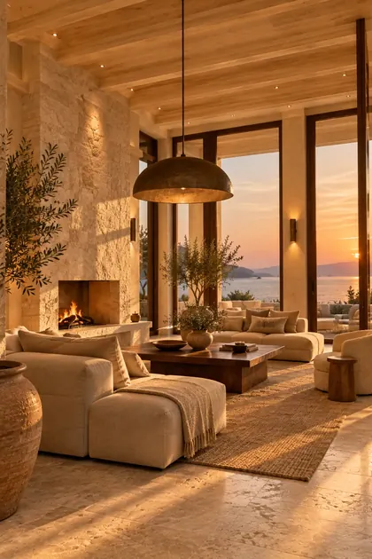 Taş duvarlı, sıcak ışıklı butik otel lobisi
